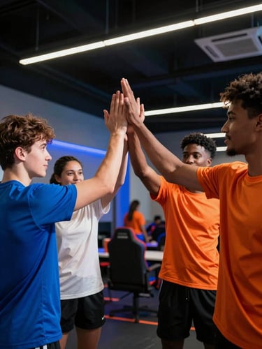 Portrait shot of a diverse group of young athletes and gamers high-fiving in a modern community center, dramatic natural sunlight and vibrant LED ambient light, low-angle heroic action shot, sharp focus, 35mm