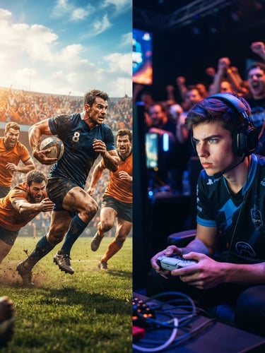 Dynamic, high-contrast split image: left side shows athletes in mid-action on a sports field under dramatic natural sunlight; right side shows a focused e-sports gamer with vibrant LED reflections on their face, hands gripping a controller. Both scenes evoke intense competition and energy, with strong cobalt and orange tones.