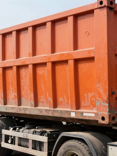 Close-up of a massive safety-orange roll-off scrap container being loaded onto a heavy-duty flatbed truck, harsh direct daylight, high contrast