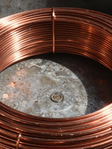 Industrial documentary photography of bright clean copper wire coiled in a steel container, harsh daylight, high contrast