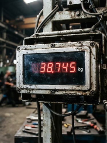 Close-up of industrial digital scale readout showing heavy weight figures, harsh daylight, high contrast metallic textures, 35mm