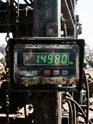 Industrial documentary photography of a heavy digital scale readout displaying green numbers, harsh direct daylight, high contrast, gritty metallic textures, 35mm