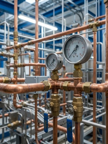 Macro close-up of clean copper gas pipes with bright industrial work-light, pressure gauges, sharp focus on technical details, 50mm