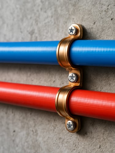Macro close-up of neat blue and red PEX water lines running parallel along a concrete wall, bright natural work-light, sharp focus, 50mm