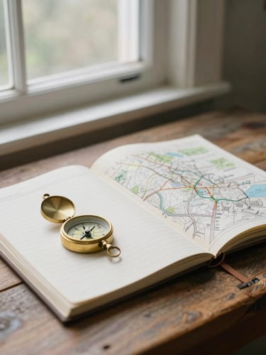 A quiet, natural working environment with field notebooks, a brass compass, and detailed topographical maps spread across a rustic wooden table near a window, soft north-facing light, 35mm
