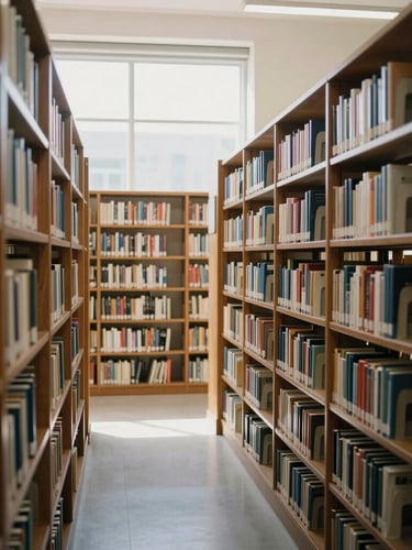 Wide environmental shot of a quiet university library archive with floor-to-ceiling wooden bookshelves, soft natural window light, muted paper tones.