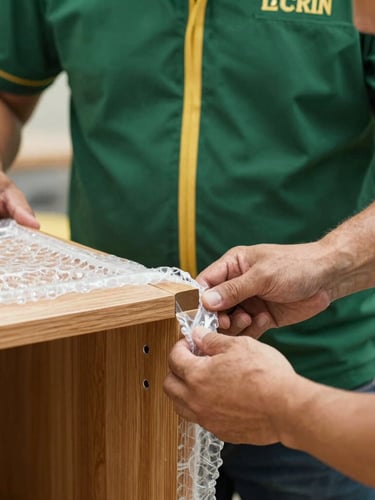 Close-up of professional movers' hands carefully wrapping a wooden cabinet joint with thick protective bubble wrap, warm interior lighting, detailed and focused.