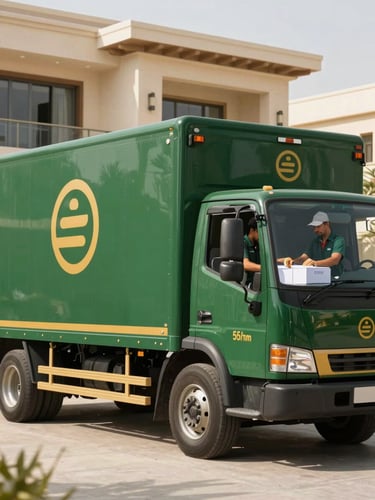 A clean, branded green moving truck parked in front of a modern Saudi villa, bright warm daylight, professional crew preparing high-quality packing materials, 35mm photography.
