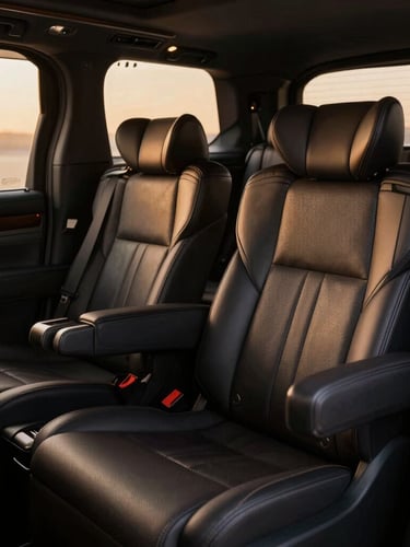 Tactile macro shot of the premium leather seats and wood trim inside the rear cabin of a Lexus LM, soft warm ambient lighting, luxury feel.