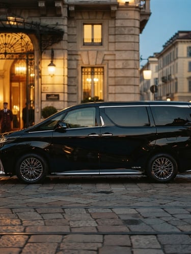 Cinematic side profile of a black Lexus LM parked under soft twilight outside a luxury hotel in Turin, warm gold ambient light reflecting on the polished body, 35mm.