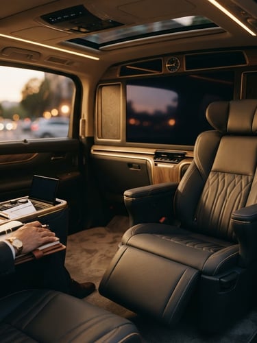 Cinematic automotive photography of the premium Lexus LM rear cabin, warm ambient lighting illuminating the hand-stitched leather seats, soft twilight, shallow depth of field, 35mm