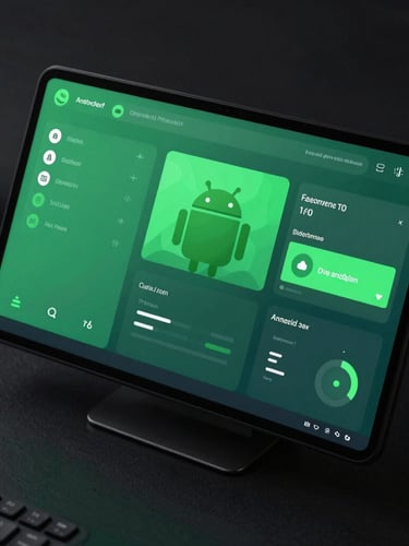 Extreme close-up on a high-fidelity vector UI mockup of a system monitor app on an Android screen, vibrant green accents glow softly onto a dark physical desk surface.