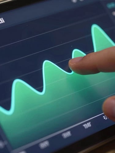 Extreme close-up on a physical Android device screen displaying a high-fidelity vector system monitor UI, vibrant electric-cyan and green graphs on a deep slate background, subtle screen glow reflecting on a finger tapping the screen, crisp studio lighting.