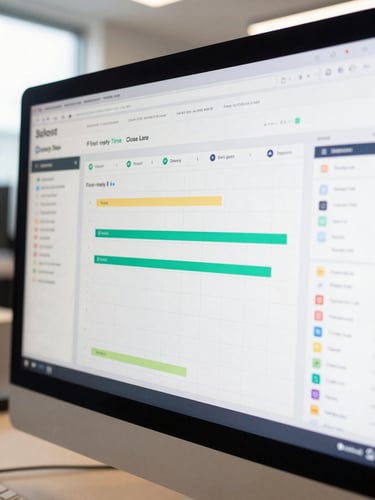 Wide close-up of a SaaS analytics dashboard on a desktop monitor, real-looking data charts showing first-reply time and close rate by agent, kanban columns with task cards visible in background, bright clean professional indoor light, slightly angled framing to show screen content clearly