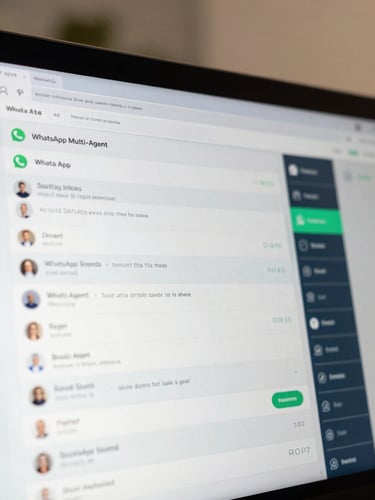 Close-up of a SaaS dashboard screen showing a WhatsApp multi-agent inbox with active conversation threads, unread message counts, and a kanban pipeline column visible at the right edge, bright professional indoor light, slightly angled top-down framing to show the UI clearly