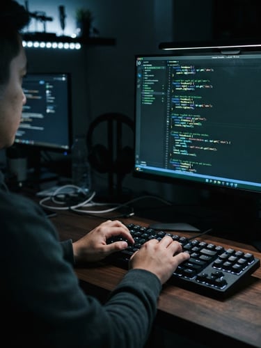 Over-the-shoulder view of a developer writing code on a mechanical keyboard, terminal window open with neon green syntax highlighting, cool screen-glow ambient lighting, dark editorial tech style, 35mm