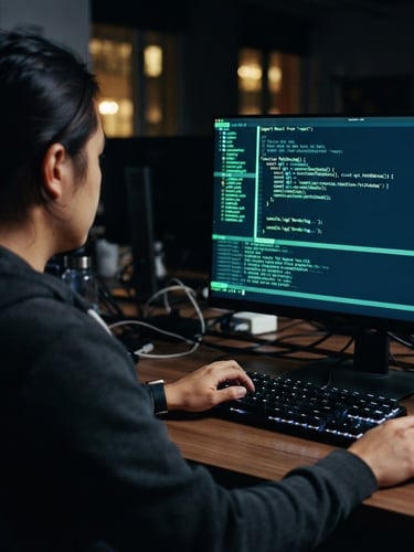 Dark editorial tech photography, over-the-shoulder view of a developer looking at a terminal screen with neon green code highlights, cool ambient screen-glow, 35mm.