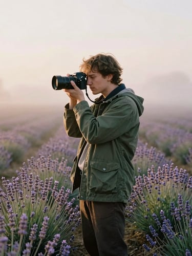A photographer in a matte green jacket standing in a lavender field, holding a camera, soft morning mist, warm golden-hour light, 35mm film aesthetic.