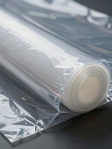 Macro-texture of thick, transparent LDPE shrink hood film showing high tension and clean geometric folds, studio lighting.