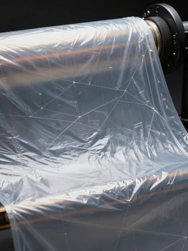 Ultra-close macro photograph of stretched LLDPE plastic film under high-tension studio lighting, showcasing precise geometric polymer textures and clean linear reflections, dark technical studio setting.