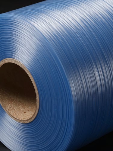 High-contrast macro studio photograph of industrial LLDPE stretch film roll, showing tension and clean geometric polymer layers, deep blue tones, technical schematic feel.