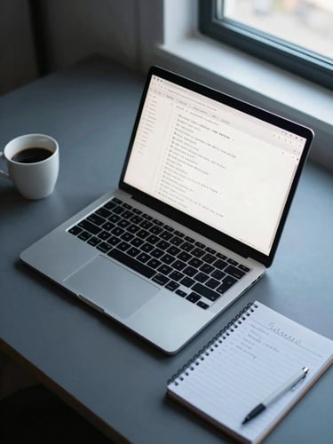 Close overhead view of an organized desk workspace, laptop open to an email inbox, a small notebook with handwritten task list, a cup of coffee to the left edge, cool office daylight from a window to the right, muted blue-gray tones, no people