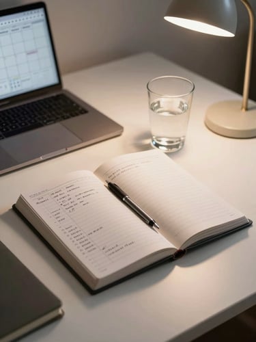 Organized desk surface from a slight angle, open planner with handwritten schedule entries, a pen, a glass of water, and a laptop showing a calendar grid, warm desk lamp light from the right, muted cream and charcoal tones