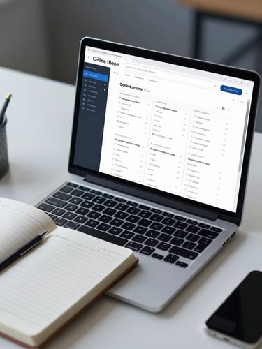 Laptop screen showing a clean website CMS dashboard with page editor open, a notebook with a content plan beside it on a light desk, cool office daylight, minimal dark blue and white tones