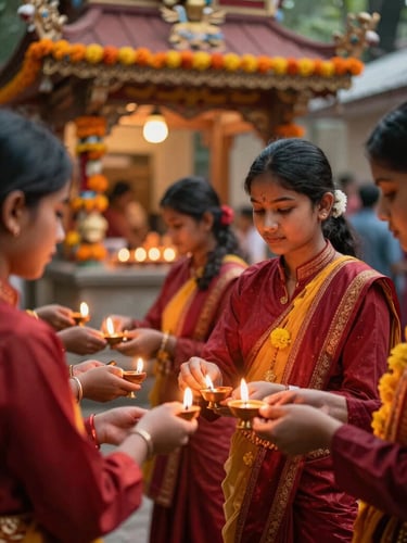 Warm editorial shot of medical students in traditional festive attire lighting oil lamps in front of a temple shrine, shallow depth of field, rich crimson tones