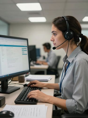 Close-medium shot of a call center agent at a workstation, headset on, eyes on a monitor displaying a CRM dashboard, notes handwritten beside the keyboard, honest overhead fluorescent lighting, São Paulo office environment, no posed expression