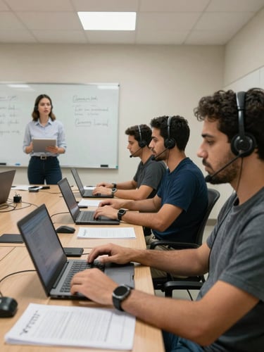 Medium-wide shot of a call center training room in São Paulo, four agents seated at laptops with headsets resting on desks, a trainer standing at a whiteboard on the left edge, overhead fluorescent lighting, printed protocol sheets visible on the table, honest and unposed