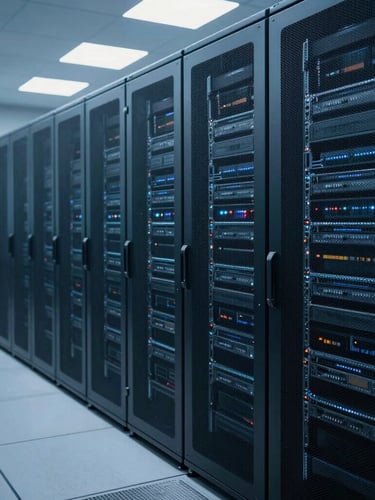 Wide-angle architectural shot of a modern data center server room, cool blue lighting, shallow depth of field, abstract representation of data flow.