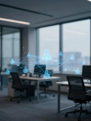 Premium corporate editorial photography, cool office daylight with subtle blue ambient tones, deep navy and slate shadows, 35mm lens, shallow depth of field. Abstract representation of interconnected human networks and data streams, subtle blue ambient lighting, architectural lines, subject off-center to the right.