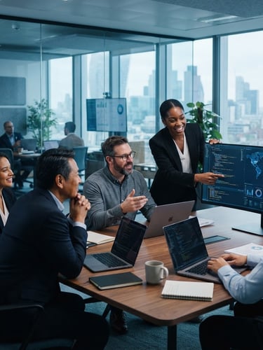 Premium corporate editorial photography: diverse business executives, software engineers, and technology consultants collaborating in a modern, high-tech office environment, cool diffused office daylight with subtle blue ambient tones, deep navy and slate shadows, 35mm lens, shallow depth of field, subject off-center right.