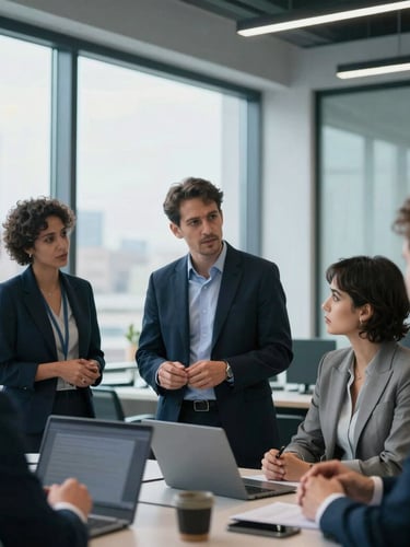 Candid, professional executive collaboration in a modern, sunlit office, diverse team members discussing strategy, cool office daylight with subtle blue ambient tones, shallow depth of field, tight editorial portrait.