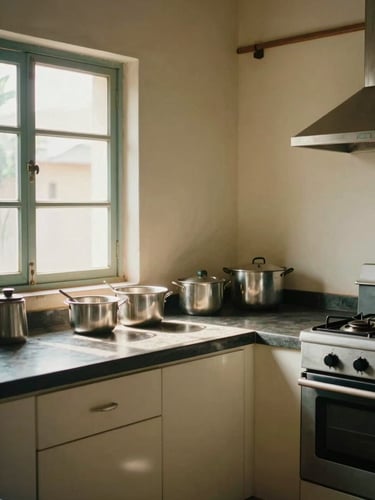 Medium environmental shot of a tidy residential kitchen in a Mysuru PG, natural daylight from a side window illuminating a clean counter with steel vessels and a gas stove, warm cream walls, no people, honest documentary framing