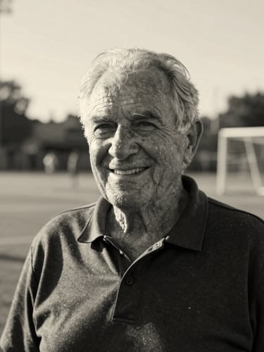 A high-contrast black and white portrait of an elder community leader smiling warmly, outdoor setting, soft background depth