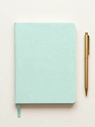 Minimalist desktop flat-lay in soft morning light, a clean linen notebook, a thin brass pen, pastel mint and cream background, generous negative space