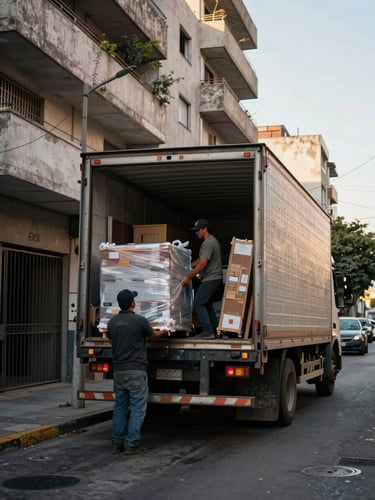 Wide documentary shot of a moving truck being loaded from a Buenos Aires apartment building entrance, early morning daylight, two workers in the middle distance carrying wrapped furniture toward the open truck bay, street visible on the right edge