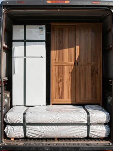 Close-up overhead shot of a truck cargo bed packed methodically — furniture wrapped in moving blankets, straps securing a refrigerator and wardrobe, natural daylight from the loading bay entrance casting sharp lines across the organized load
