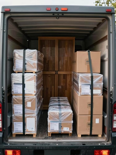 Close overhead view of a moving truck interior packed methodically with wrapped furniture and labeled boxes, natural daylight from open rear bay doors, cargo straps securing a wooden wardrobe against the side wall, organized depth visible