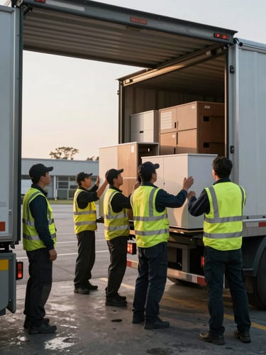 Wide shot of a moving team coordinating at a loading bay entrance at early morning light, workers in high-visibility gear securing stacked office furniture and crates into a large truck, natural daylight filtering through the bay doors, shot from the side showing scope and organized workflow