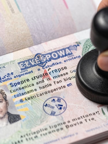 A close-up of a physical passport being stamped with a European visa, bright natural daylight, official stamps and text clearly visible.
