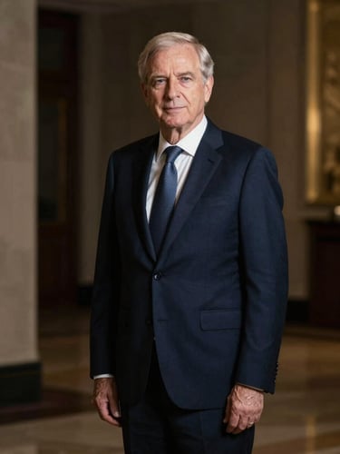 A professional portrait of a senior advisor in a navy suit, natural authoritative pose, deep shadow background