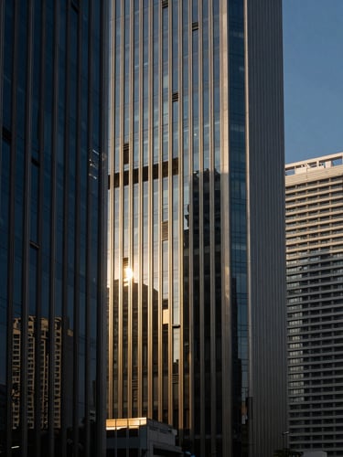 Dramatic architectural shot of a modern financial district in New Delhi, sharp high-contrast corporate lighting, deep navy shadows, cinematic 35mm lens.