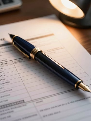 Close-up of a fountain pen resting on complex corporate tax ledger papers, warm desk lamp light casting long shadows, professional corporate atmosphere.