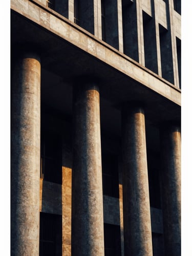 A sharp architectural close-up of a modern Indian supreme court building facade, deep navy shadows, golden sunlight hitting the stone columns, cinematic 35mm lens.