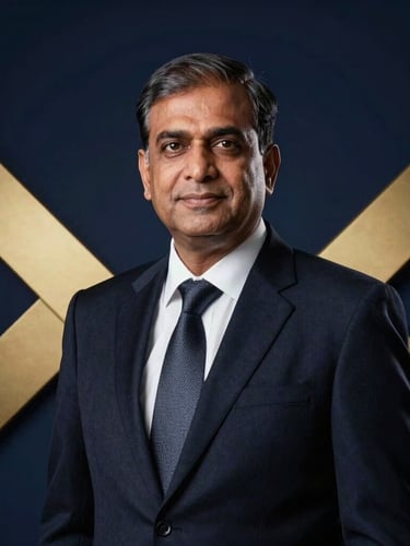 High-end corporate portrait of a senior Indian advisor in a dark navy suit, dramatic architectural lighting, deep navy background, black and white with gold undertones, sharp focus, 35mm lens.