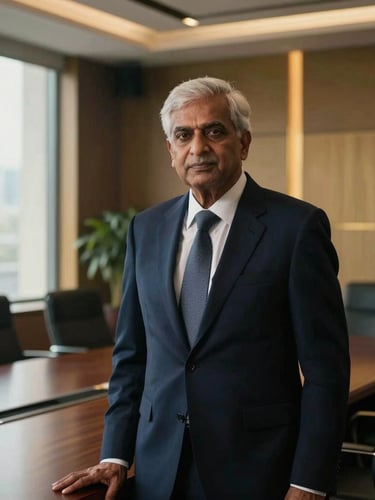 Cinematic portrait of a senior Indian corporate advisor in a high-end boardroom, dramatic side lighting from a window, architectural details, deep navy and gold tones