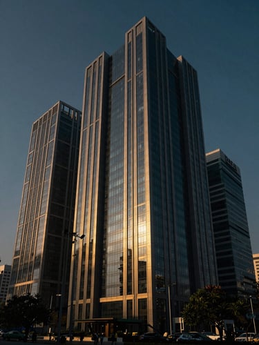 Wide architectural shot of a modern financial district in New Delhi, dramatic cinematic lighting, deep navy shadows, gold highlights.